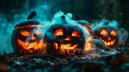 Halloween pumpkins glowing with smoke and cobwebs in a dark forest