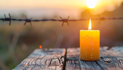 Burning candle on rustic wood, barbed wire behind, soft natural and warm lighting. Freedom