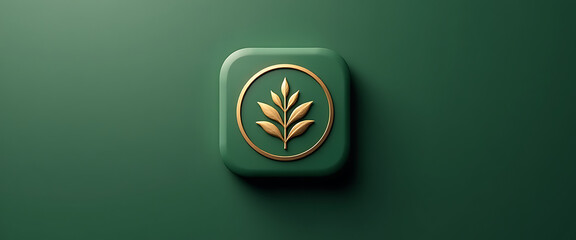 Dark green square icon with golden circle and stylized wheat branch representing agriculture and nature