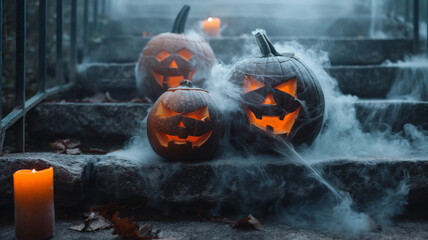 Haunted stairway with Jack-o'-lanterns and Halloween smoke effects