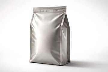 Blank silver stand up pouch bag mockup with resealable zipper closure