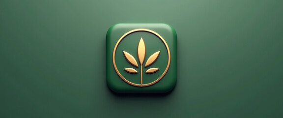 Green square icon with golden circle and stylized cannabis leaf representing natural health and wellness