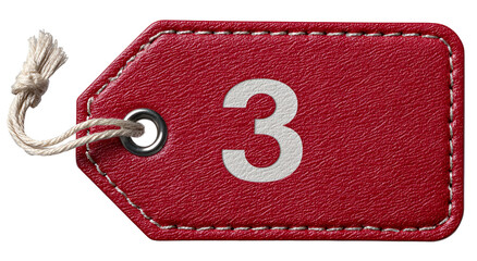 Red leather tag with number 3 and a knotted string on a black background