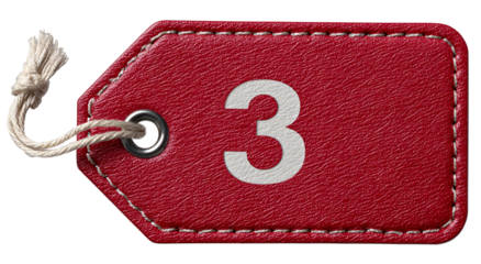 Red leather tag with number 3 and a knotted string on a black background