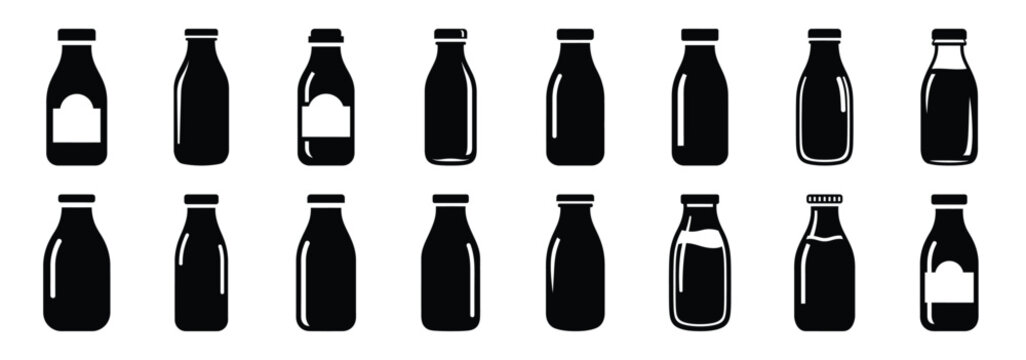 milk bottle silhouette icon set