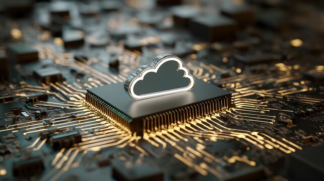Close-up of a circuit board featuring a glowing cloud icon representing data storage - Powered by Adobe