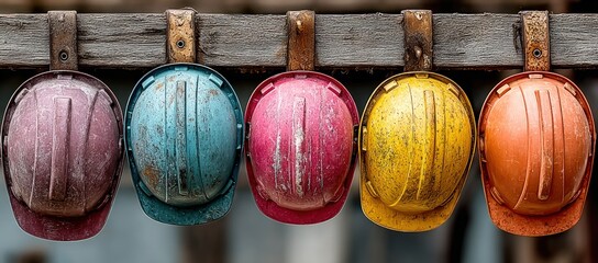 Five worn, colorful safety hard hats hanging on a rustic wooden beam, industrial equipment