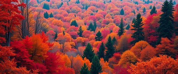 A vibrant autumn forest ablaze with fiery reds, oranges, and yellows, a breathtaking seasonal spectacle, autumn,  yellow