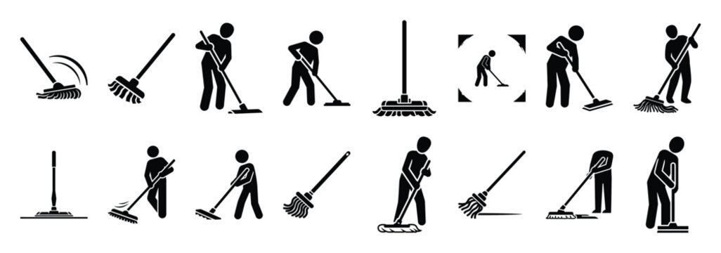 mop cleaning silhouette icon set