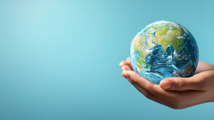 Hands holding planet Earth with a light blue background