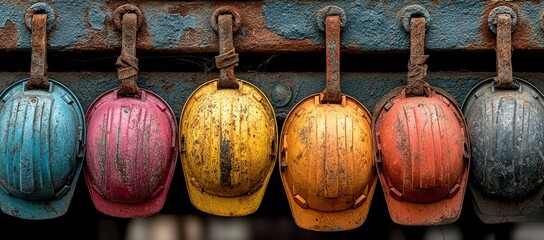 Six colorful, dirty hard hats hang on a rusty beam, symbolizing construction and labor