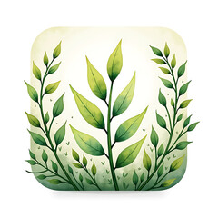 Watercolor style green leaves and branches illustration within rounded square frame for botanical app icon or wall art