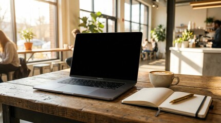 Fototapeta premium Laptop mockup with blank black screen on wooden cafe table for website design presentation