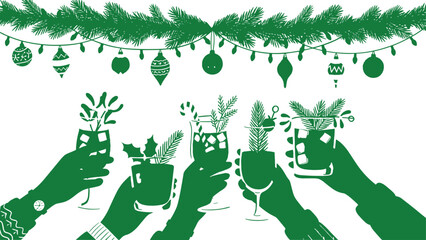 Green silhouette hands holding festive holiday drinks with Christmas decorations