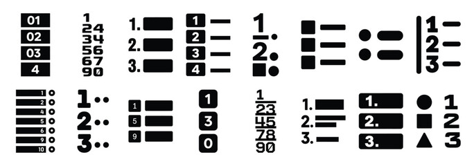number list silhouette icon set