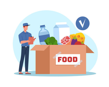 Fresh food delivery. Courier marks delivered products in list, worker checking grocery online order, man hold checklist, supermarket service, cartoon flat style isolated vector concept