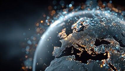 Night view of illuminated Earth globe, Europe bright with city lights and data flow