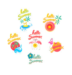 Funny prints set with hello summer lettering for stickers, t shirt, poster, fashion design.eps