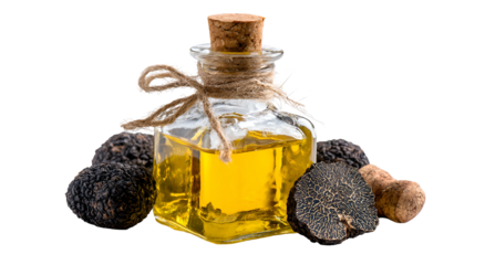 A glass bottle of infused golden oil, surrounded by whole and sliced black fungi