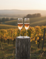 Two Champagne Flutes Poised on Wooden Post with Vineyard Landscape in Golden Hour Glow