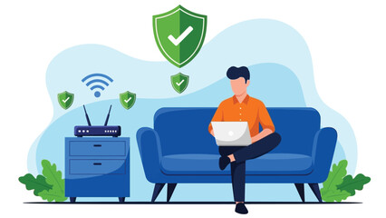 Fototapeta premium Secure Home Office: Person on Sofa Working Laptop with WiFi Router and Shield Symbols