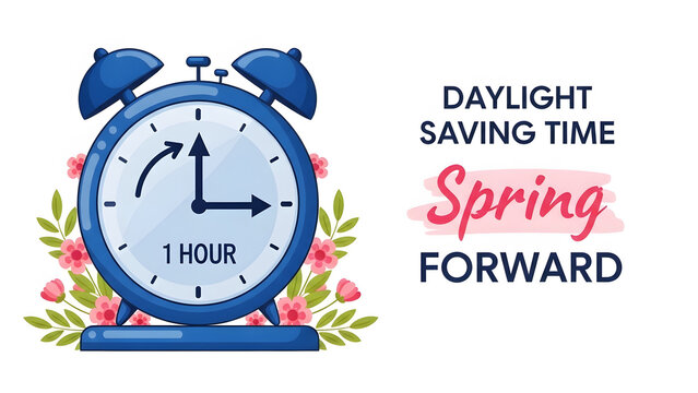 Daylight Saving Time Spring Forward Alarm Clock With Flowers And Leaves image photo