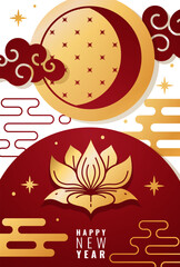 Chinese poster. Asian new year card. Golden moon and lotus, greeting card design on red background. Traditional holiday celebration. Festive traditional lunar calendar. Vector illustration