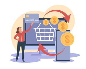 Cashback service. Refund of money, online store, buyer receives part of money from purchase, e-commerce transaction, digital process cartoon flat style isolated vector shopping concept