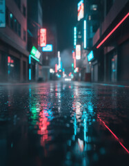 Vibrant city street scene with neon signs reflected on a wet, dark pavement after rain