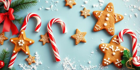 Candy canes and gingerbread cookies create a sweet holiday display ,  sweet,  treat