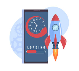 Business reboot increased download speed fast internet browser. Successful startup, rocket flying up, mobile app, technology optimization cartoon flat style isolated vector concept