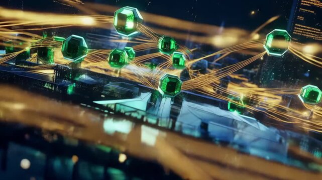 Digital blockchain nodes connecting in futuristic city