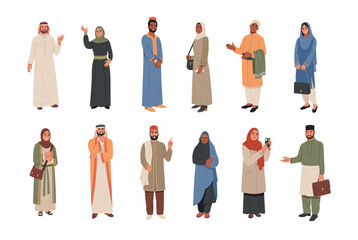 Arabic people. Male and female muslim characters standing, traditional, modern clothes, cultural robes and tunics islamic dress style, middle eastern fashion, cartoon tidy vector set