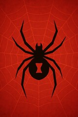 Black widow spider silhouette on red spiderweb background image