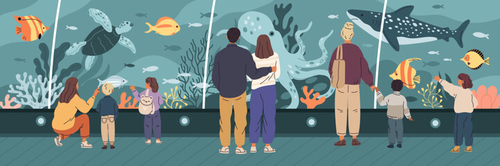 Aquarium visitors. Oceanarium panorama, people watch fish and marine animals, parents with children, couple in love, large glass tank with shark, turtle garish vector cartoon flat concept