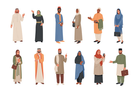 Arabic people. Male and female muslim characters standing, traditional, modern clothes, cultural robes and tunics islamic dress style, middle eastern fashion, cartoon tidy vector set
