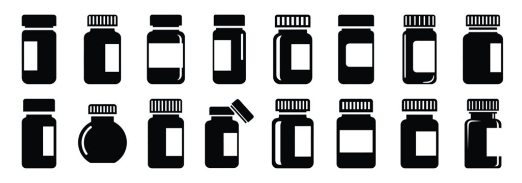 pill bottle silhouette icon set