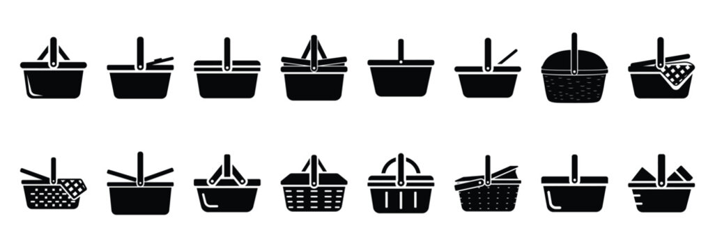 picnic basket silhouette icon set