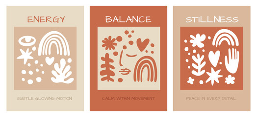 Abstract shapes posters. Hand drawn design, random figures, spots and curved lines, simple forms, artistic doodle cover or print design in pastel colors, garish vector cute background set