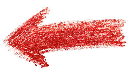 A crayon-like, hand-drawn red arrow pointing left on a black background