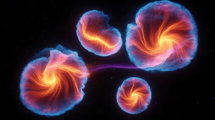 Luminous abstract orbs resembling cosmic nebulae swirl with vibrant energy against a dark void