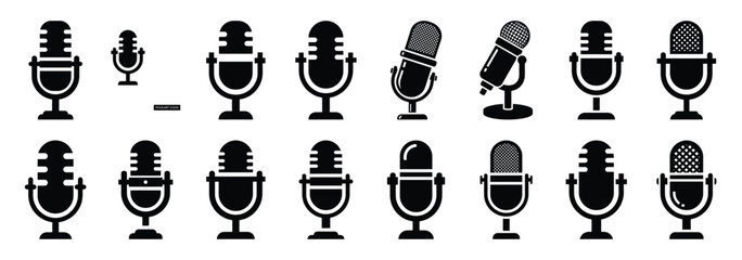 podcast mic silhouette icon set