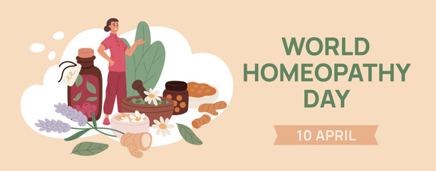 World homeopathy day. Female herbalist, green pharmacy ingredients, natural medicines and cosmetics, berries, roots, cartoon flat garish vector alternative medicine concept
