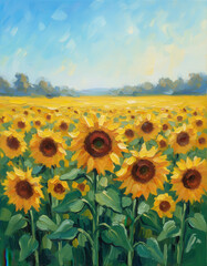 Vibrant field of sunflowers under a brilliant sky, a painted impression of nature's beauty