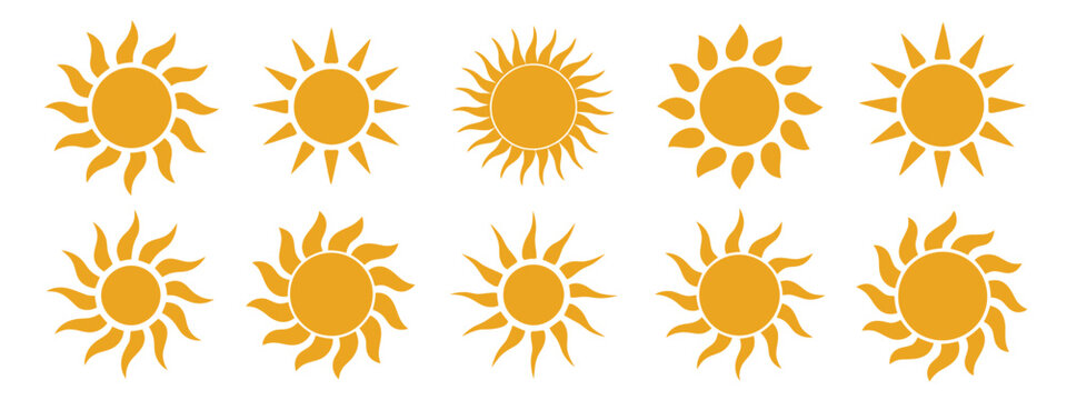Yellow sun icons set featuring sunshine, solar glow, sunrise and sunset illustrations, decorative full and half suns, sunlight symbols, perfect for solar energy graphics, summer design, weather icons,
