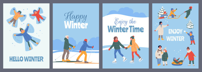 Winter family outdoor fun. Happy people and children make angels in snowdrift, kids skating and skiing, sledding, play snowballs, cards and posters design classy vector cartoon isolated set