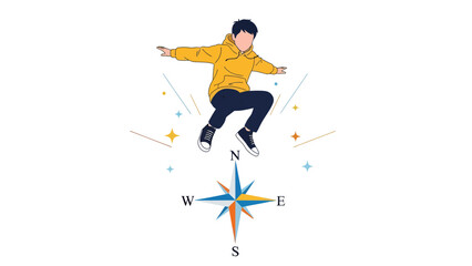 Obraz premium Leaping Boy Above Compass Rose Symbolizes Direction and Navigational Guidance