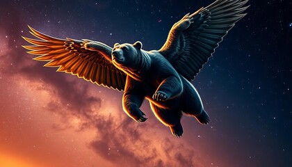 A powerful bear with majestic wings soaring through a starry night sky,  epic,  photorealistic