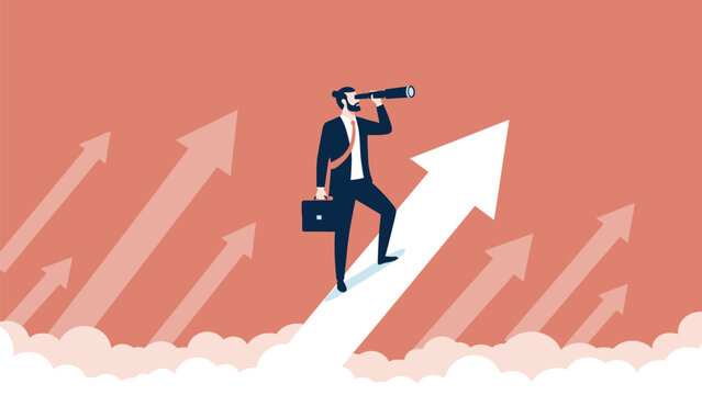 Businessman On Rising Arrow Sees Far Horizon: Growth, Vision, And Career Progress