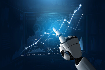 A robotic hand interacts with digital data visualization, showcasing graphs and charts relevant to business and financial analysis, representing future technology in analytics. Scalp